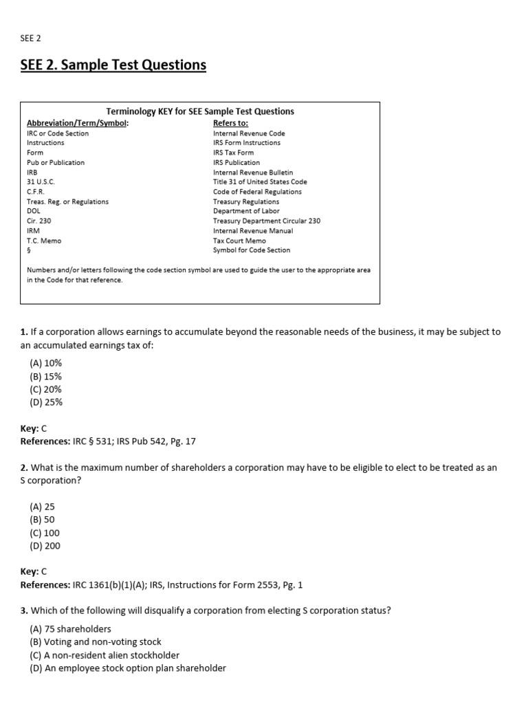 SEE 2: Sample Tax Test Questions | PDF | S Corporation | Irs Tax Forms