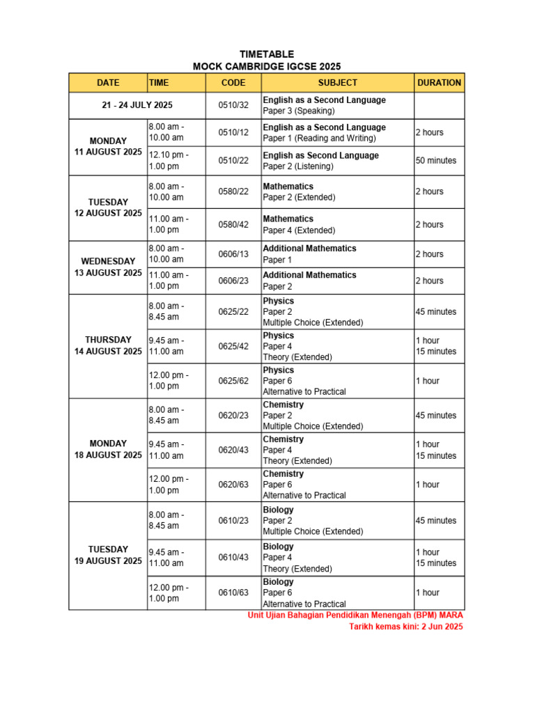 MRSM IGCSE Exam Timetable 2025 | PDF | Qualifications