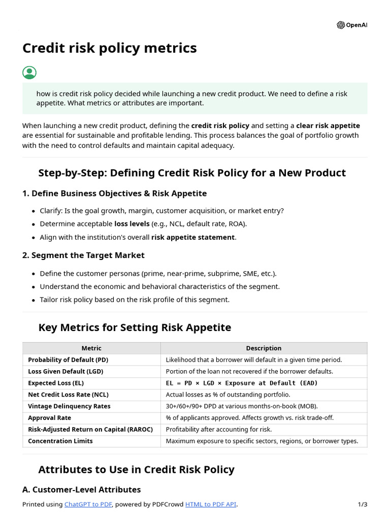 Credit Risk Policy Metrics | PDF | Credit | Finance & Money Management