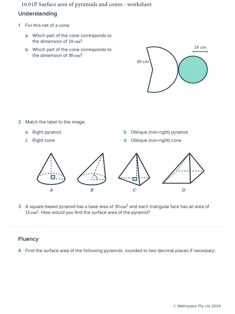16.01P Surface Area of Pyramids and Cones - Worksheet | PDF | Area ...