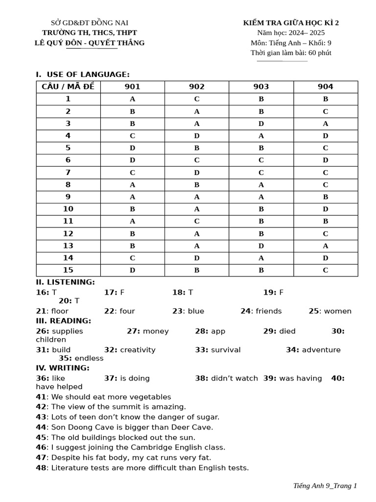 English Test for Grade 9 - 2024-2025 | PDF