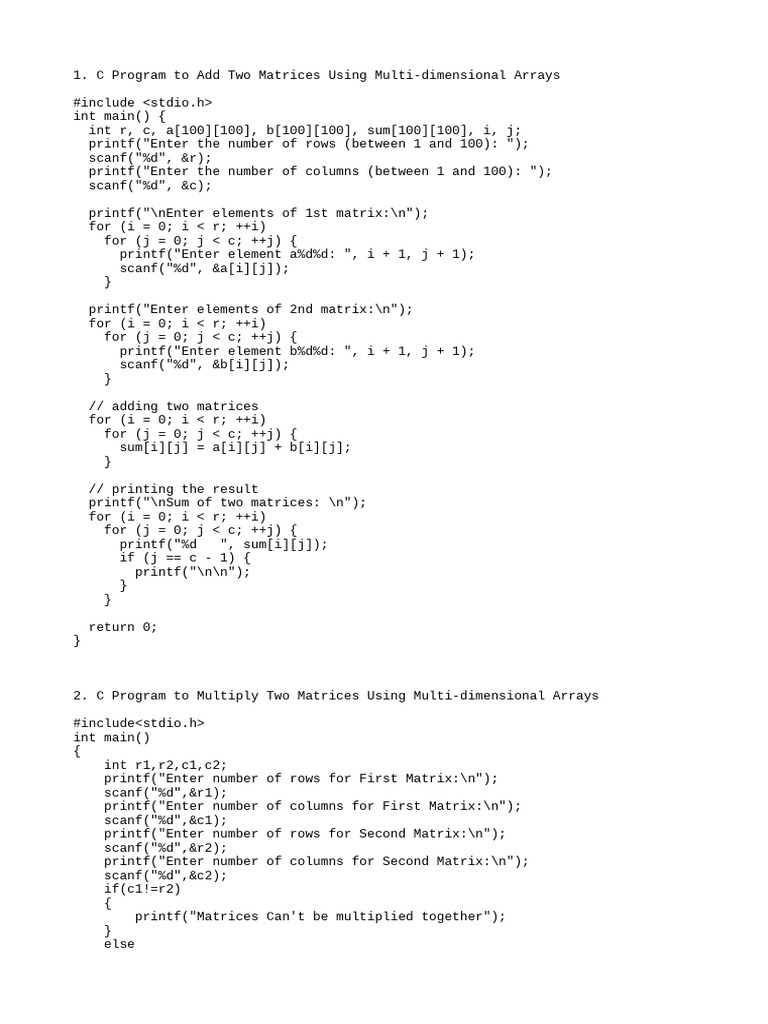 C Programs for Matrix Operations | PDF | Matrix (Mathematics) | Matrix ...
