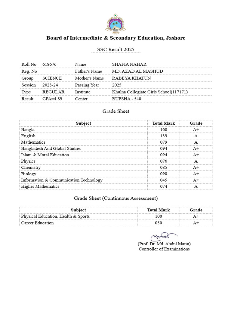 SSC Result 2025 for Shafia Nahar | PDF