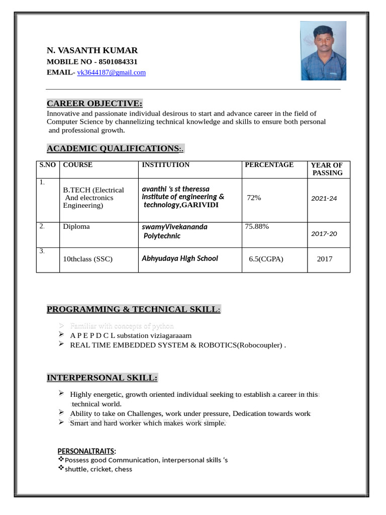 N. Vasanth Kumar: MOBILE NO - 8501084331 Email | PDF