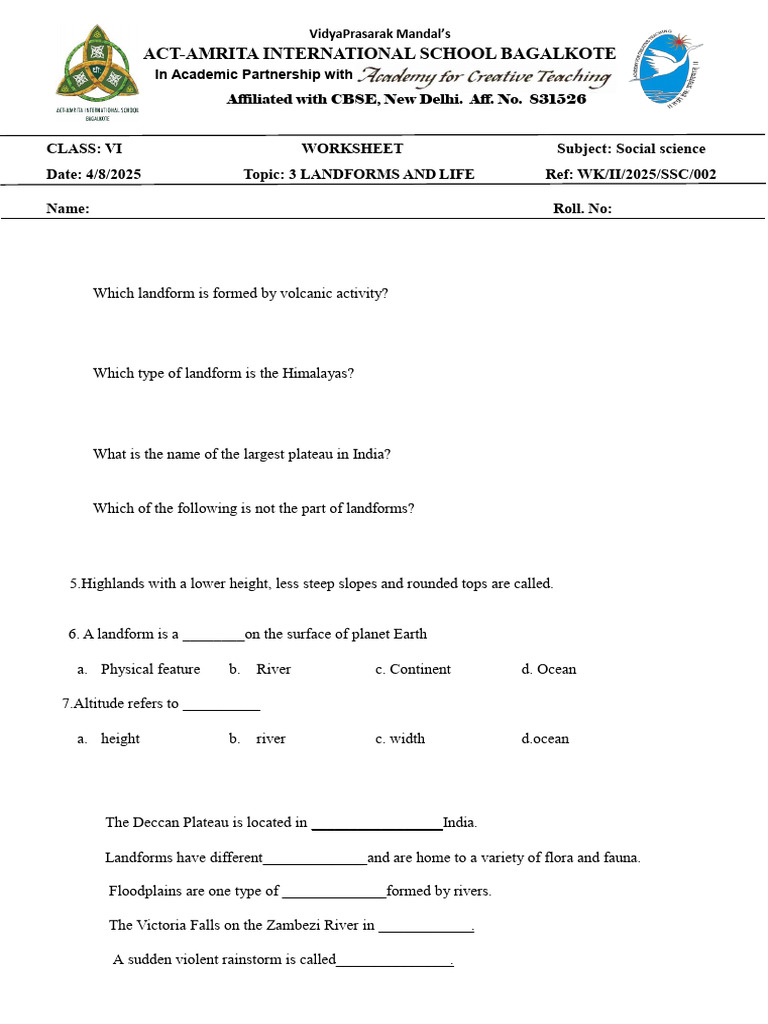 Landforms and Life: Class 6 Worksheet | PDF