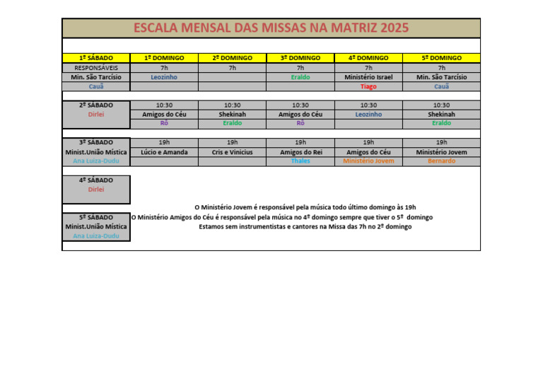 Escala Mensal de Missas 2025 | PDF