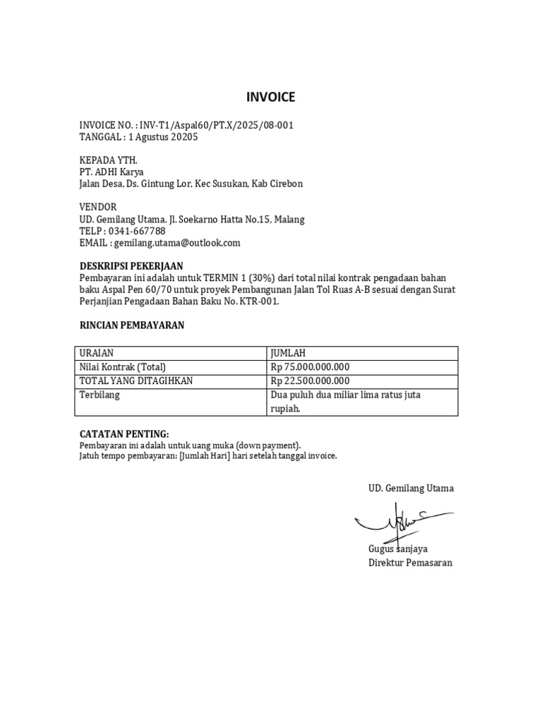 Invoice Termin 1 untuk PT. Adhi Karya | PDF
