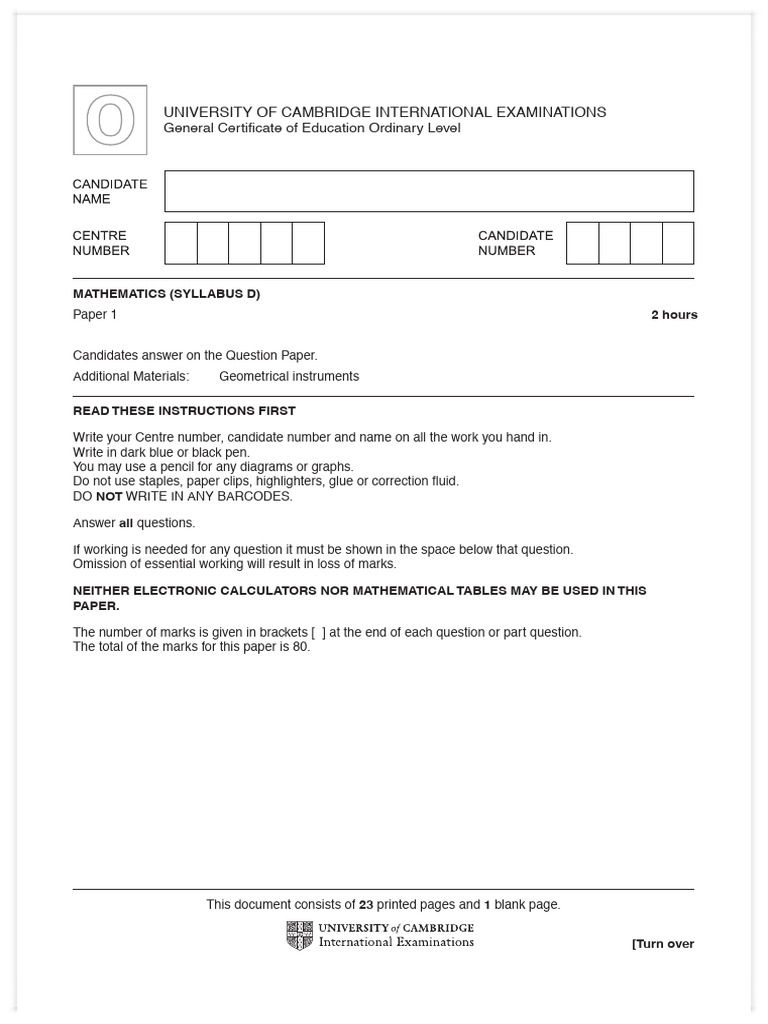 Cambridge O Level Mathematics Paper 1 | PDF | Mathematics
