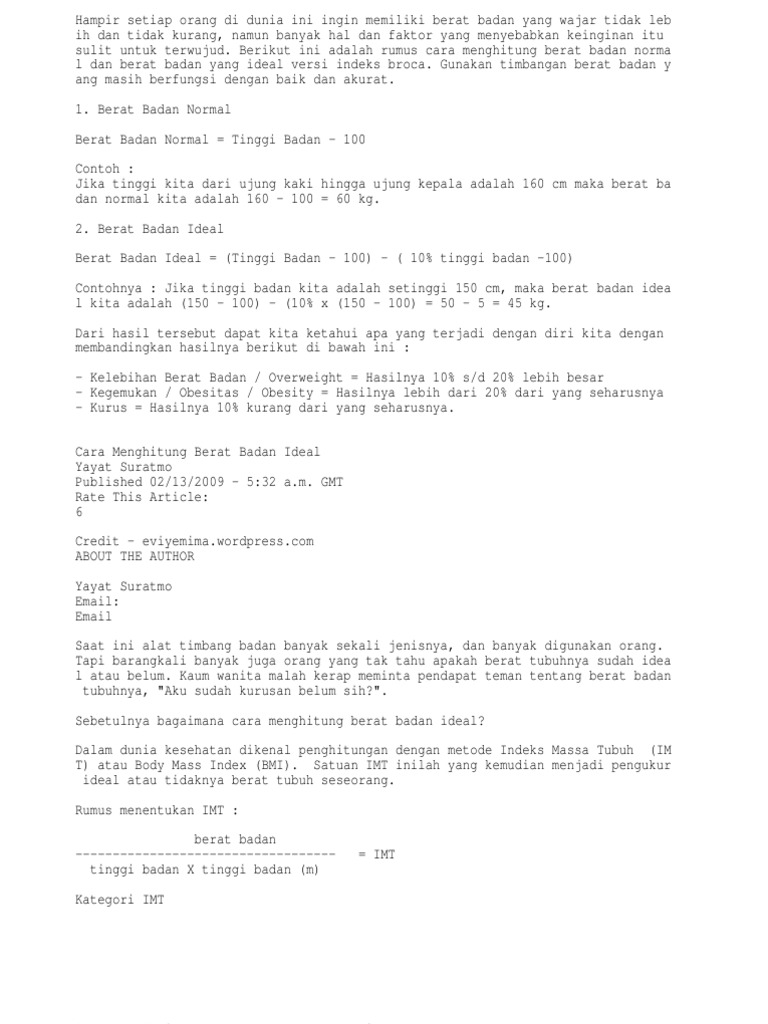 Rumus Menghitung Berat Badan Ideal Normal Indeks Broca Rumus Menghitung Berat Badan Ideal Normal Indeks Broca