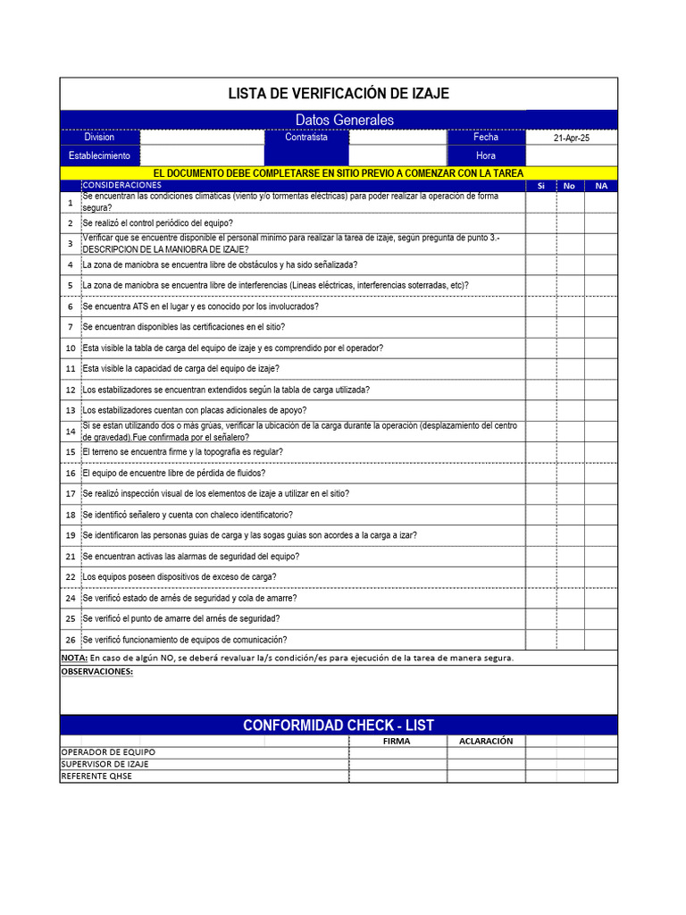 Checklist de Seguridad para Izaje y ATS | PDF
