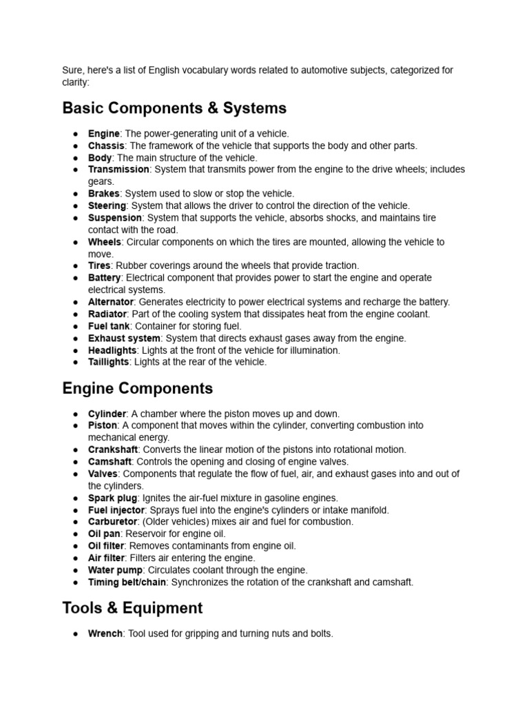 Automotive Vocabulary Word List | PDF | Engines | Motor Oil