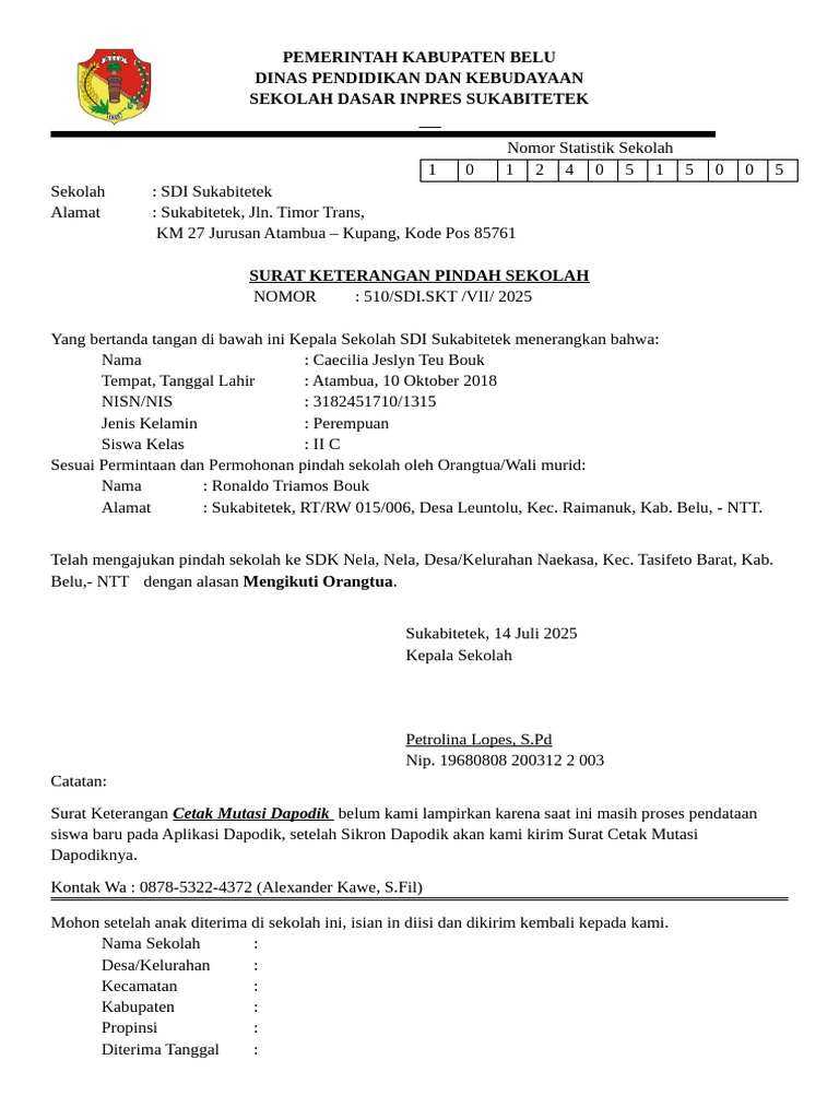 Surat Pindah Sekolah Caecilia Jeslyn | PDF