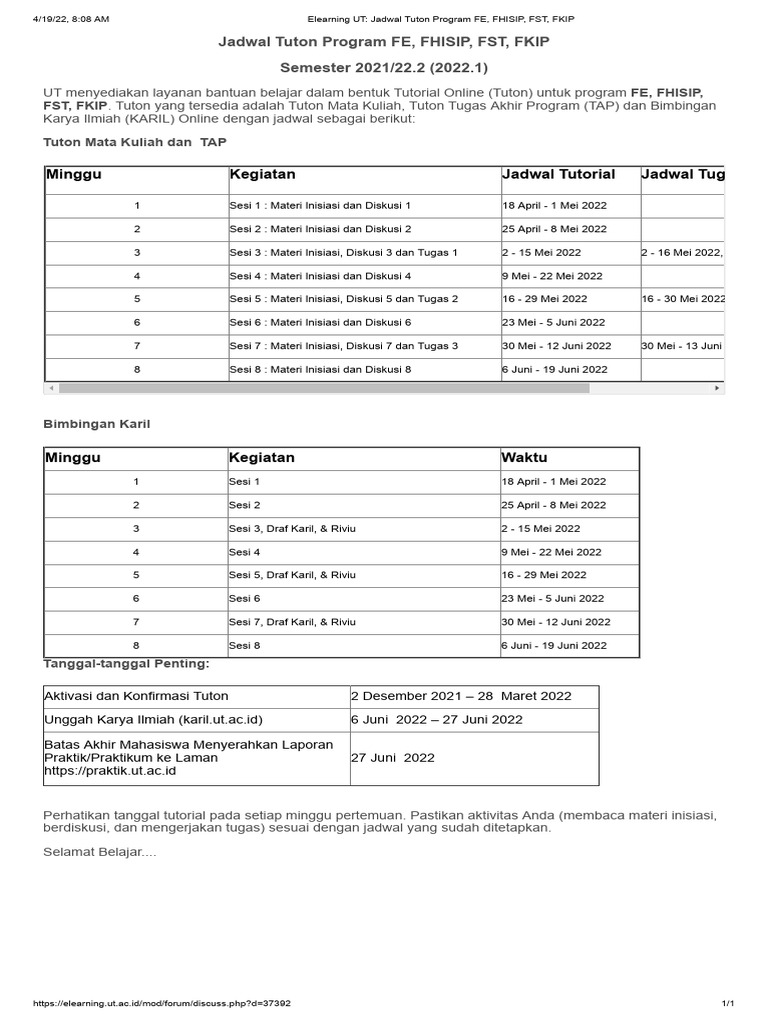 Jadwal Tuton UT Semester 2021/22.2 | PDF