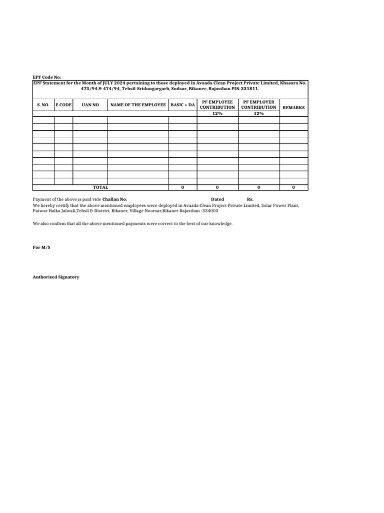 EPF Statement for July 2024 - Avaada Project | PDF