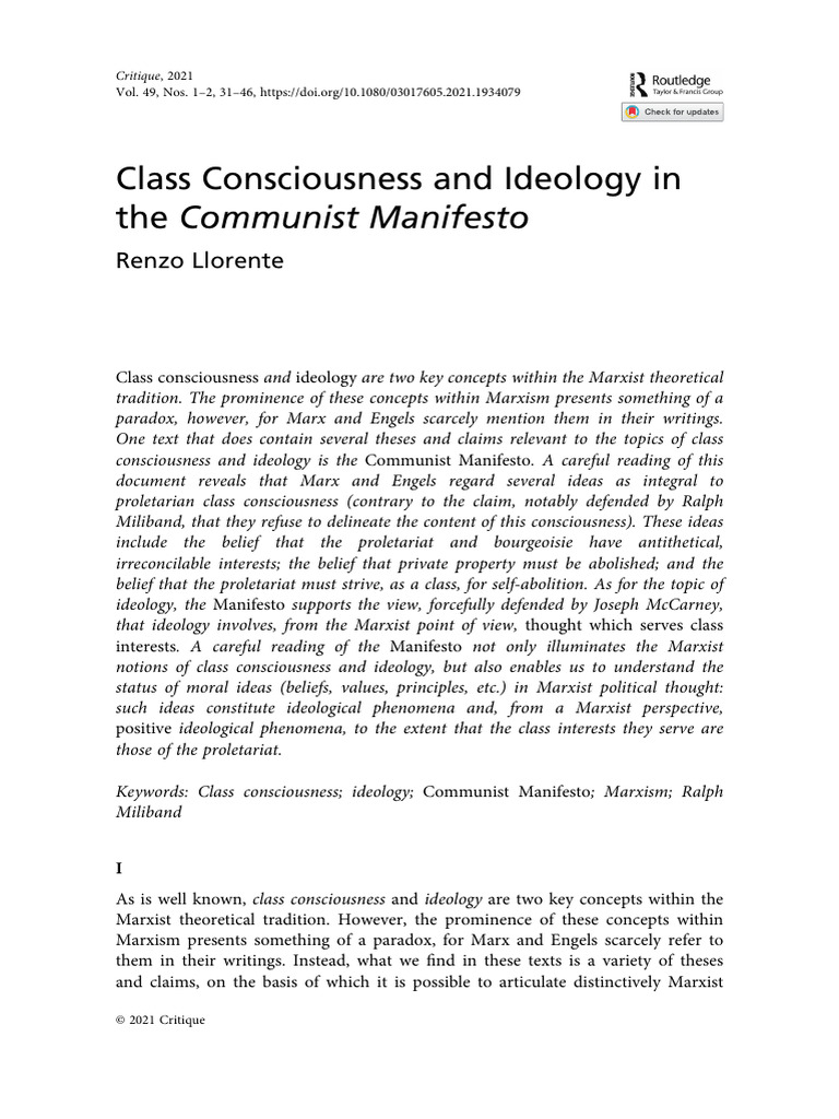 Class Consciousness in the Communist Manifesto | PDF | Marxism | Communism