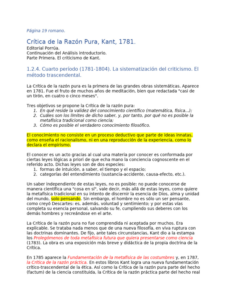 Análisis de la Crítica de la Razón Pura de Kant | PDF | Immanuel Kant ...