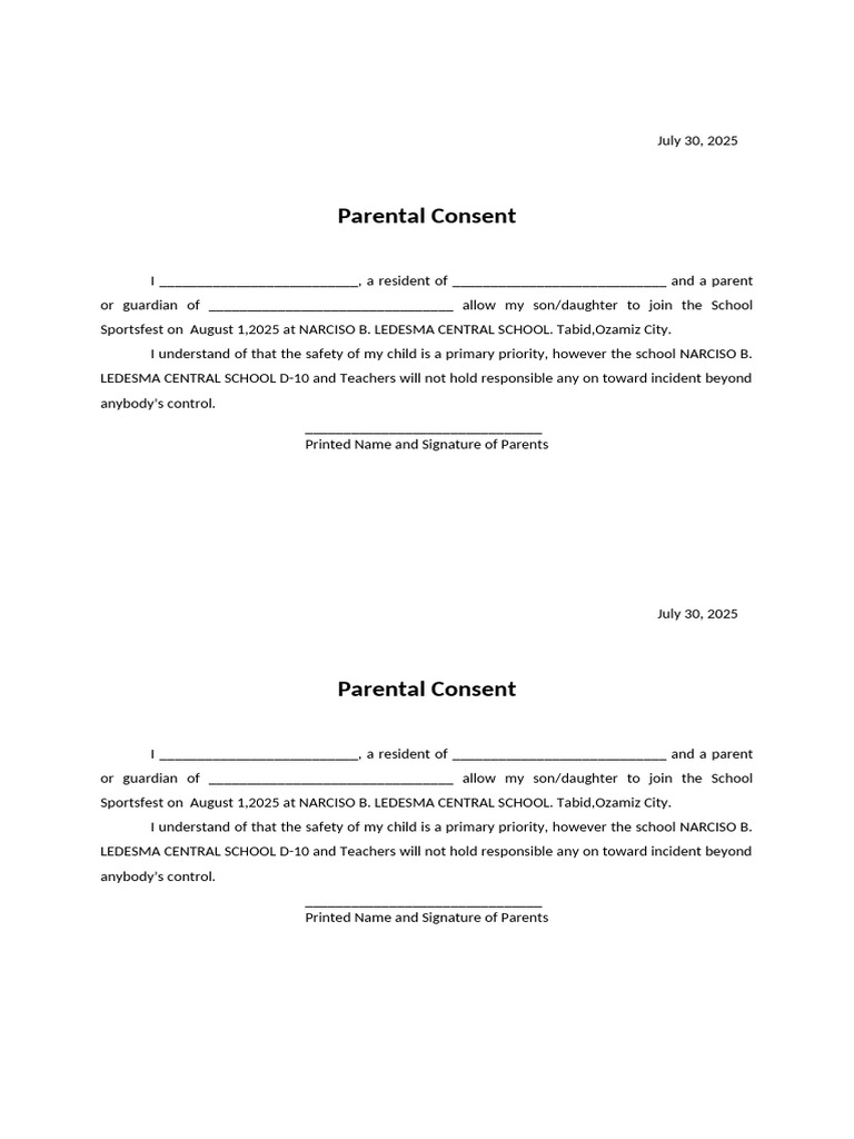 Parental Consent for School Sportsfest | PDF