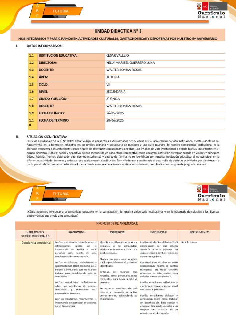 Unidad 3 Tutoria 3ro | PDF | Aprendizaje