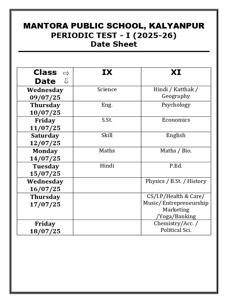 Date Sheet IX & XI | PDF