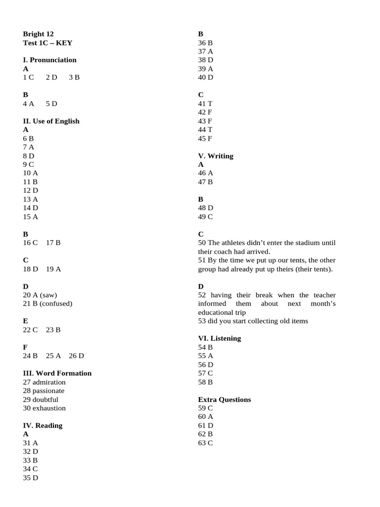 Bright 12 Test 1C Key (3-4-2024) | PDF