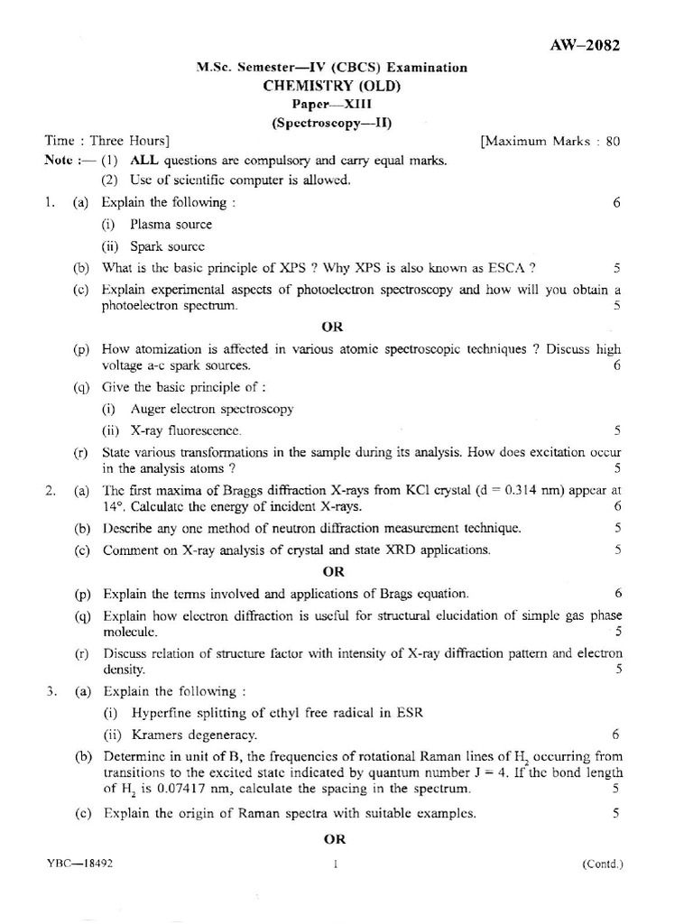 M.Sc. Chemistry Spectroscopy Exam Paper | PDF | Spectroscopy | Diffraction