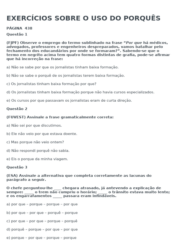 Exercícios sobre o uso dos porquês | PDF | Desmatamento | Palavra