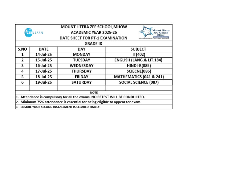 Grade Ix Pt-1 Datesheet 2025-26 | PDF