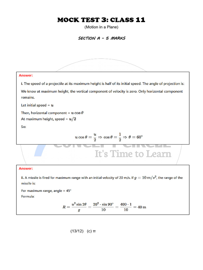 Class 11 Mock Test: Motion in a Plane | PDF | Euclidean Vector | Scalar ...