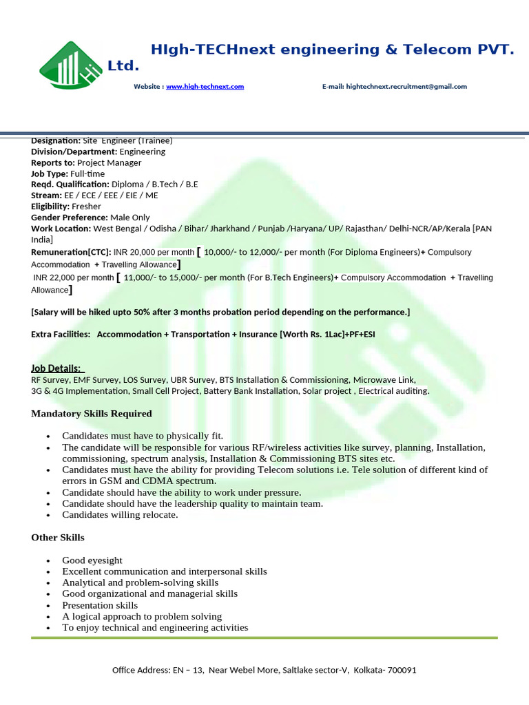 High-Technext Site Engineer Trainee Role | PDF | Communication | Computing