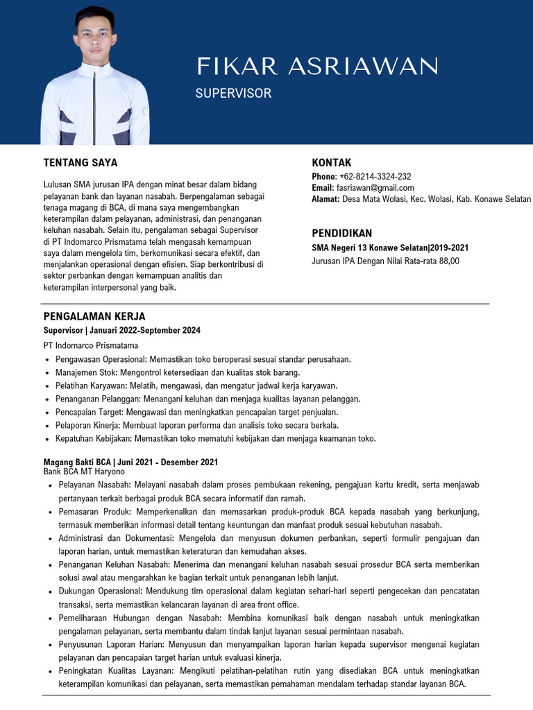 Profil Fikar Asriawan: Supervisor Bank dan Layanan Nasabah | PDF