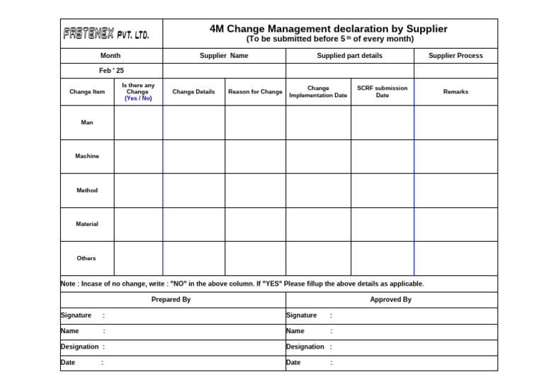 Monthly Supplier Change Management Form | PDF