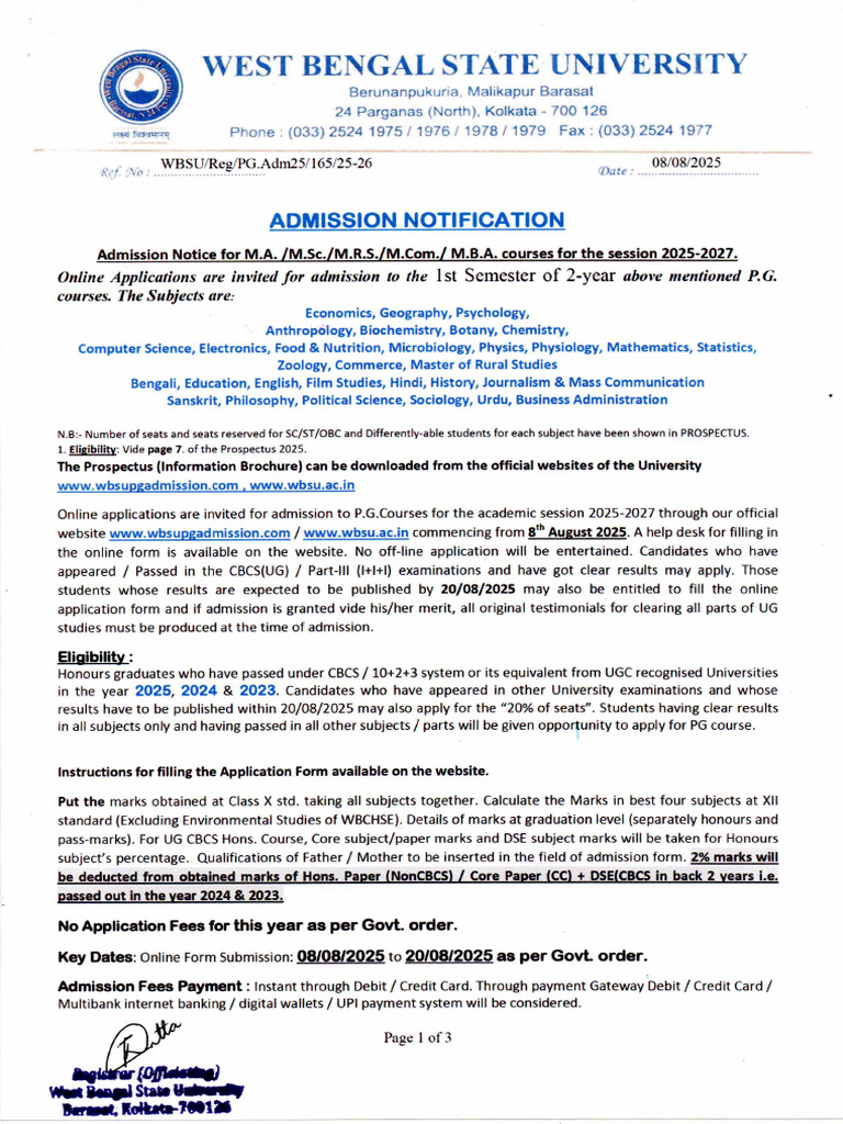 PG Admission Notification - 2025 | PDF
