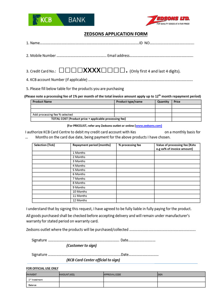 Zedsons Product Purchase Application Form | PDF | Credit Card | Fee