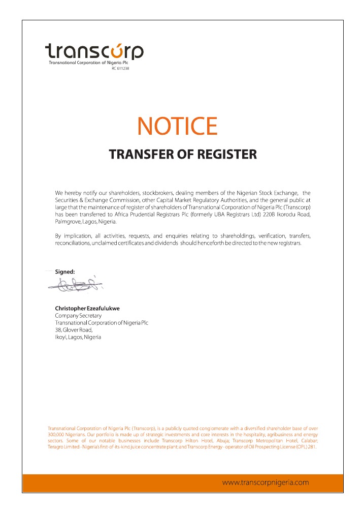 Transcorp Transfer of Register | PDF