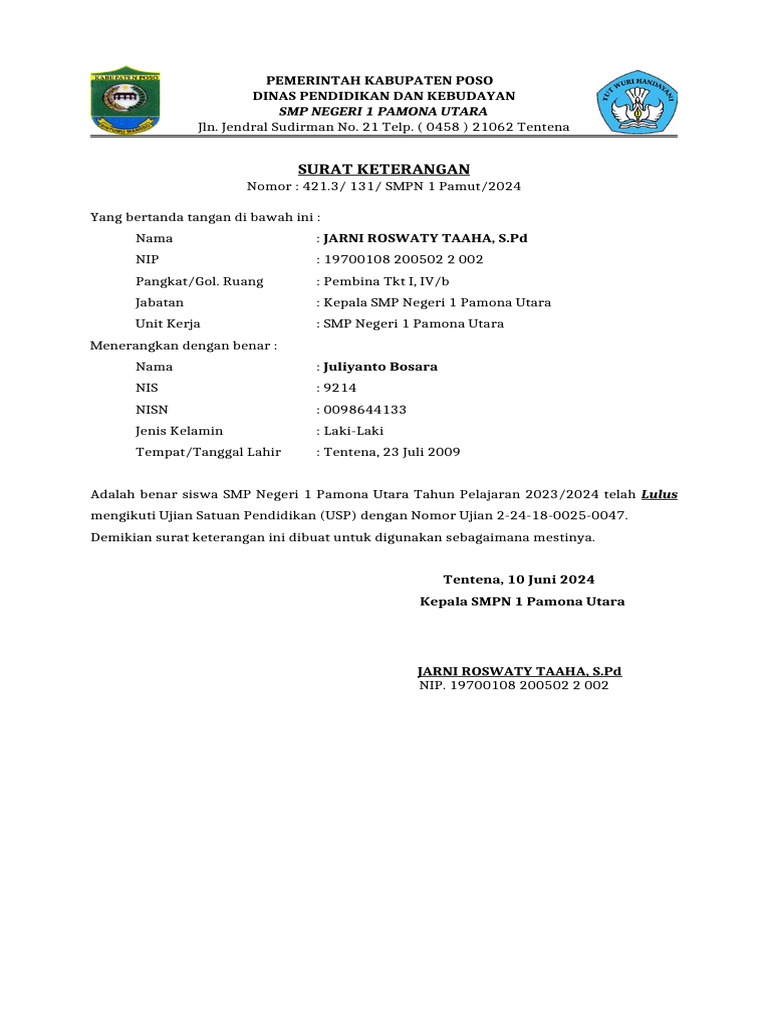Surat Keterangan Lulus Siswa SMPN 1 | PDF