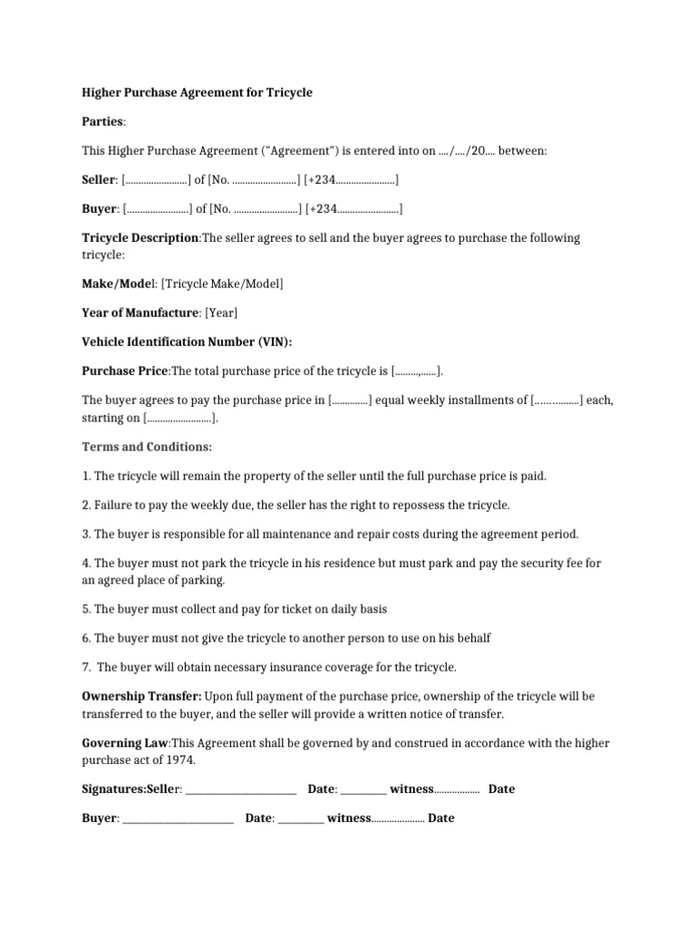 Higher Purchase Agreement for Tricycle | PDF