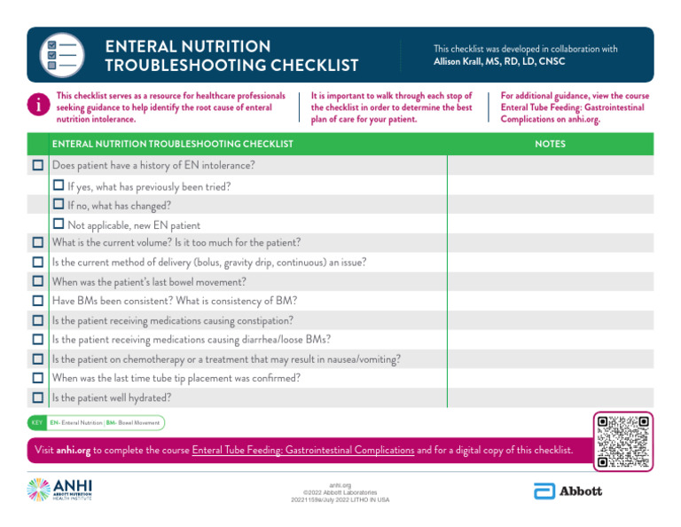 Enteral Nutrition Troubleshooting Checklist - tcm1423-165578 | PDF
