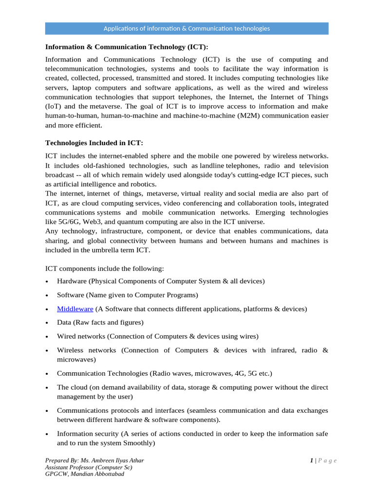 ICT Handouts (Merged) by Ambreen Ilyas Athar | PDF | Internet Of Things ...