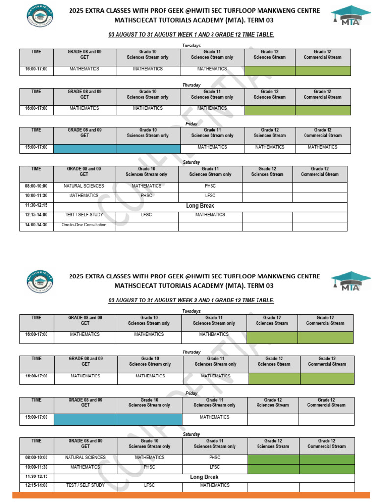 Grade 12 Time Table Term 3 2025 | PDF