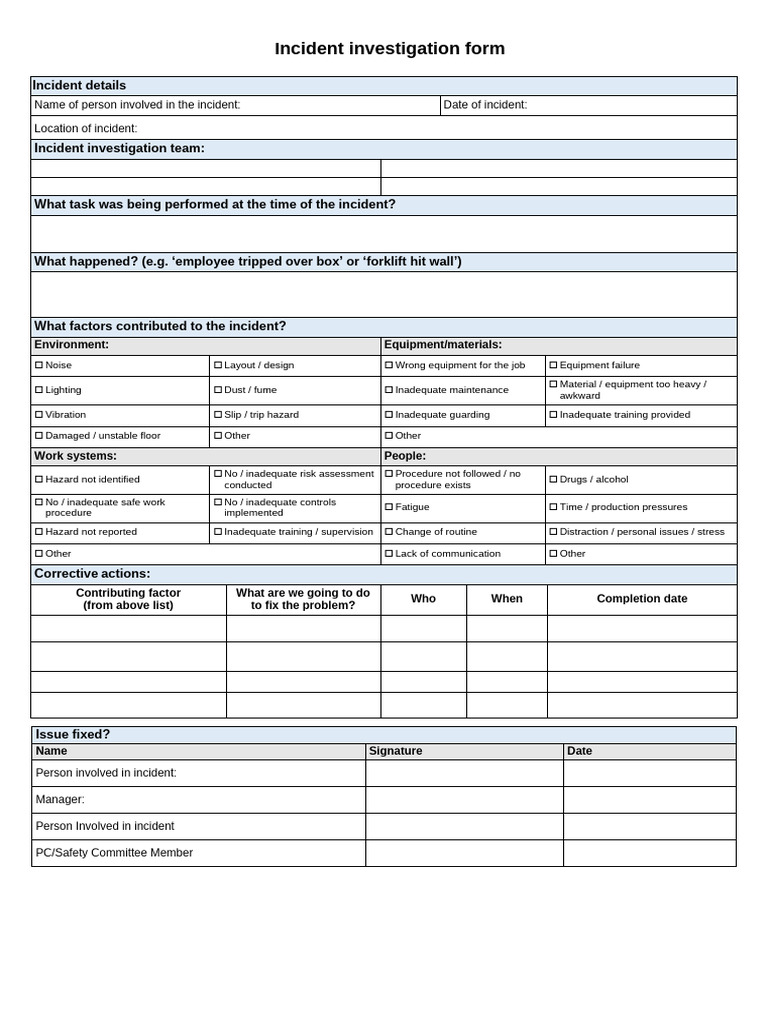 Incident Investigation Form Template | PDF | Hazards | Working Conditions