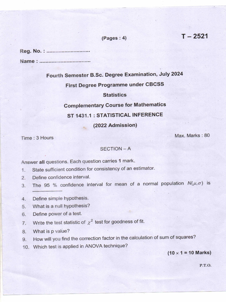 Statistical Inference ST 1431.1 T-2521 | PDF