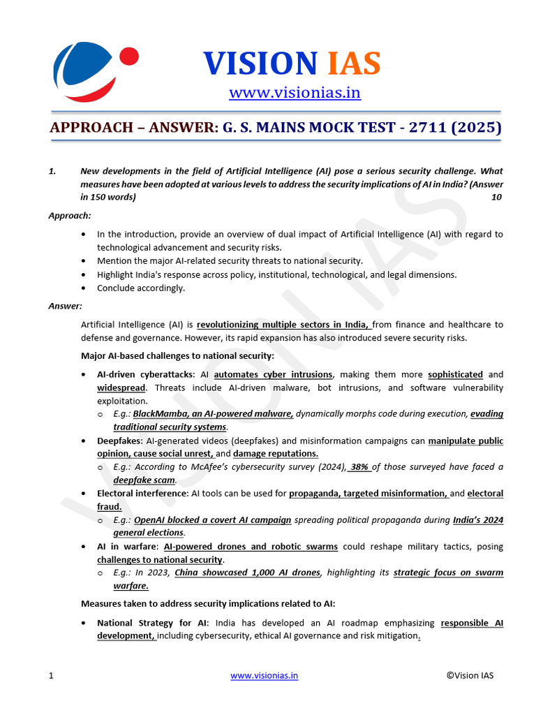 VISION IAS Mains 2025 Test 21 With Solution | PDF | National Security