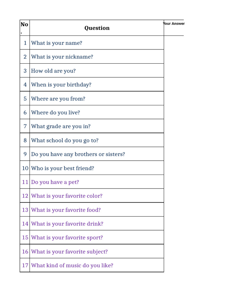 Self Introduction Questions Worksheet | PDF