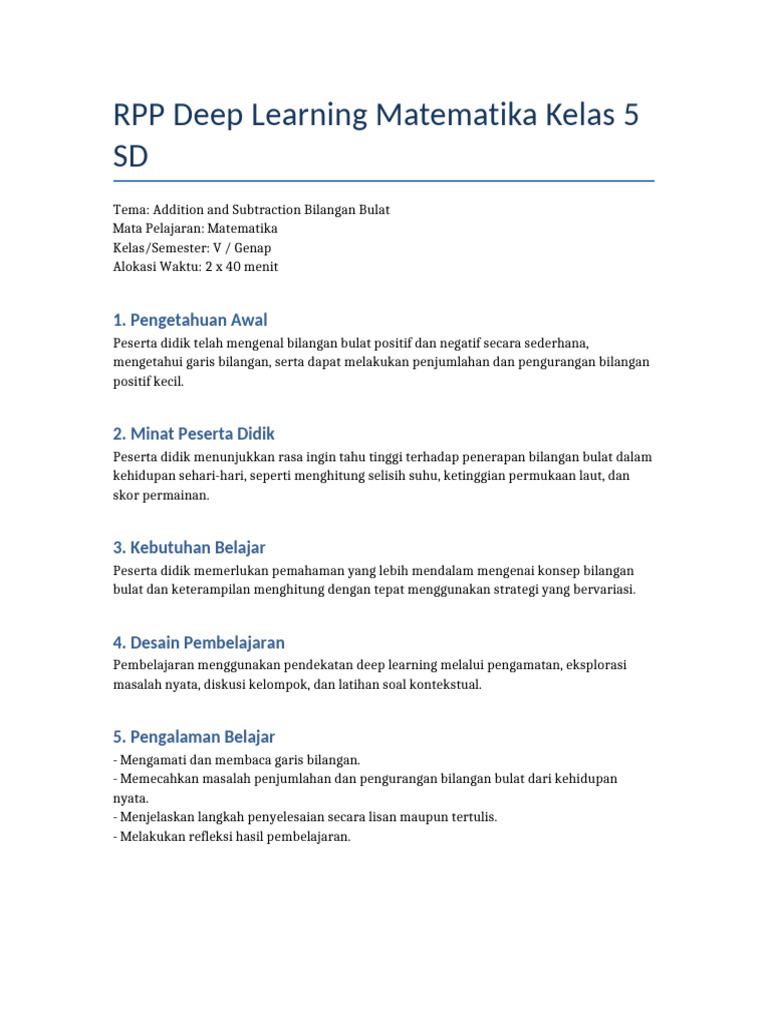 RPP Deep Learning Matematika Kelas 5 | PDF