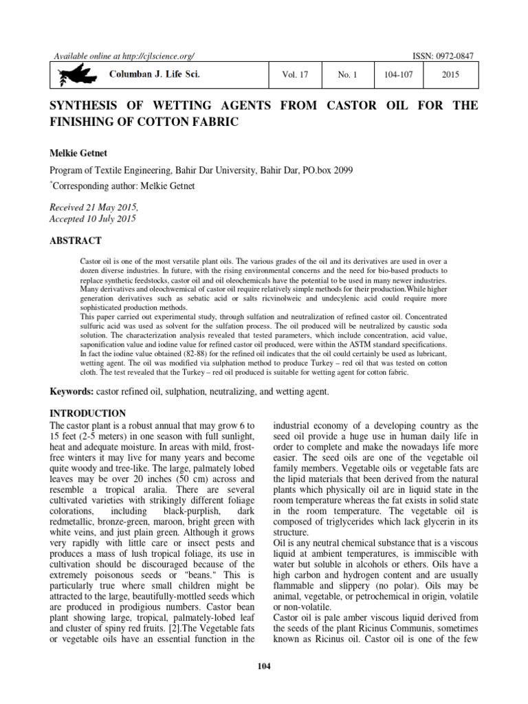 Castor Oil-Based Wetting Agents for Cotton | PDF | Oil | Vegetable Oil