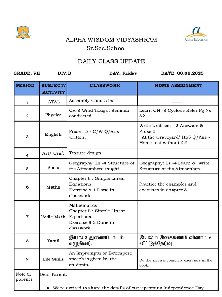 08.08.25 Class 7 D - Dcu - 2025-26 - Friday | PDF | Mathematics