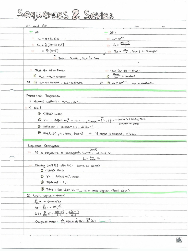 H2 Maths Summary Notes Sequences Series | PDF