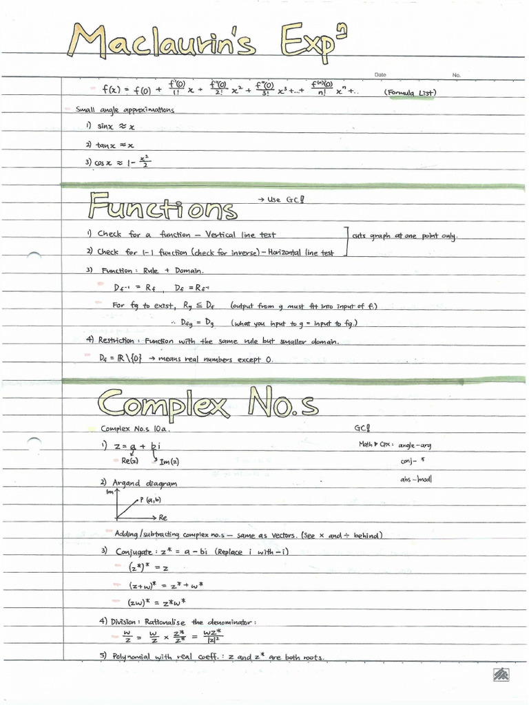 H2 Maths Summary Notes-Maclaurin Functions Complex Numbers | PDF
