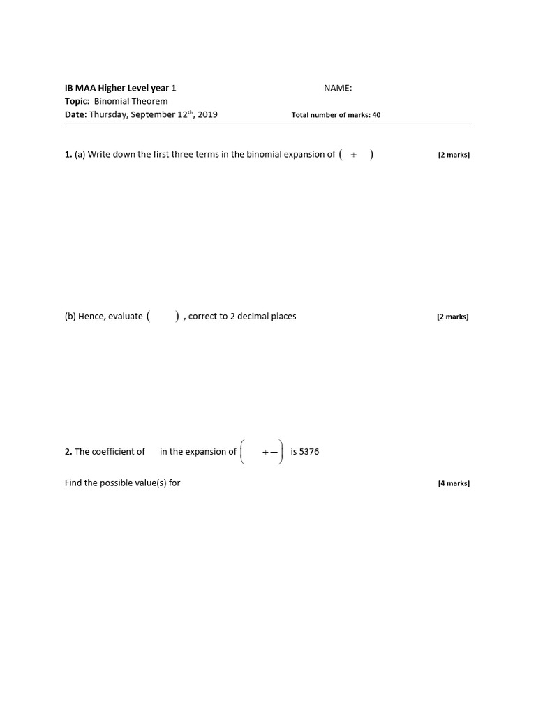 Binomial Theorem Exercises for IB MAA HL | PDF | Numerical Analysis ...