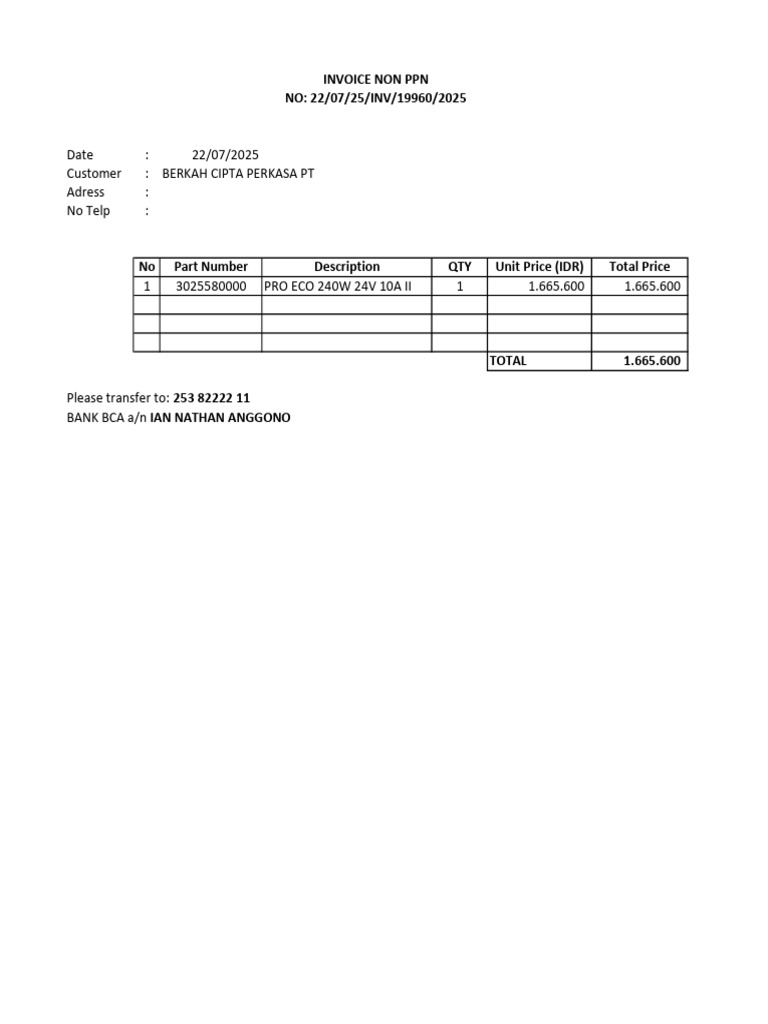 Invoice Non PPN - 19960 Berkah Cipta Perkasa | PDF